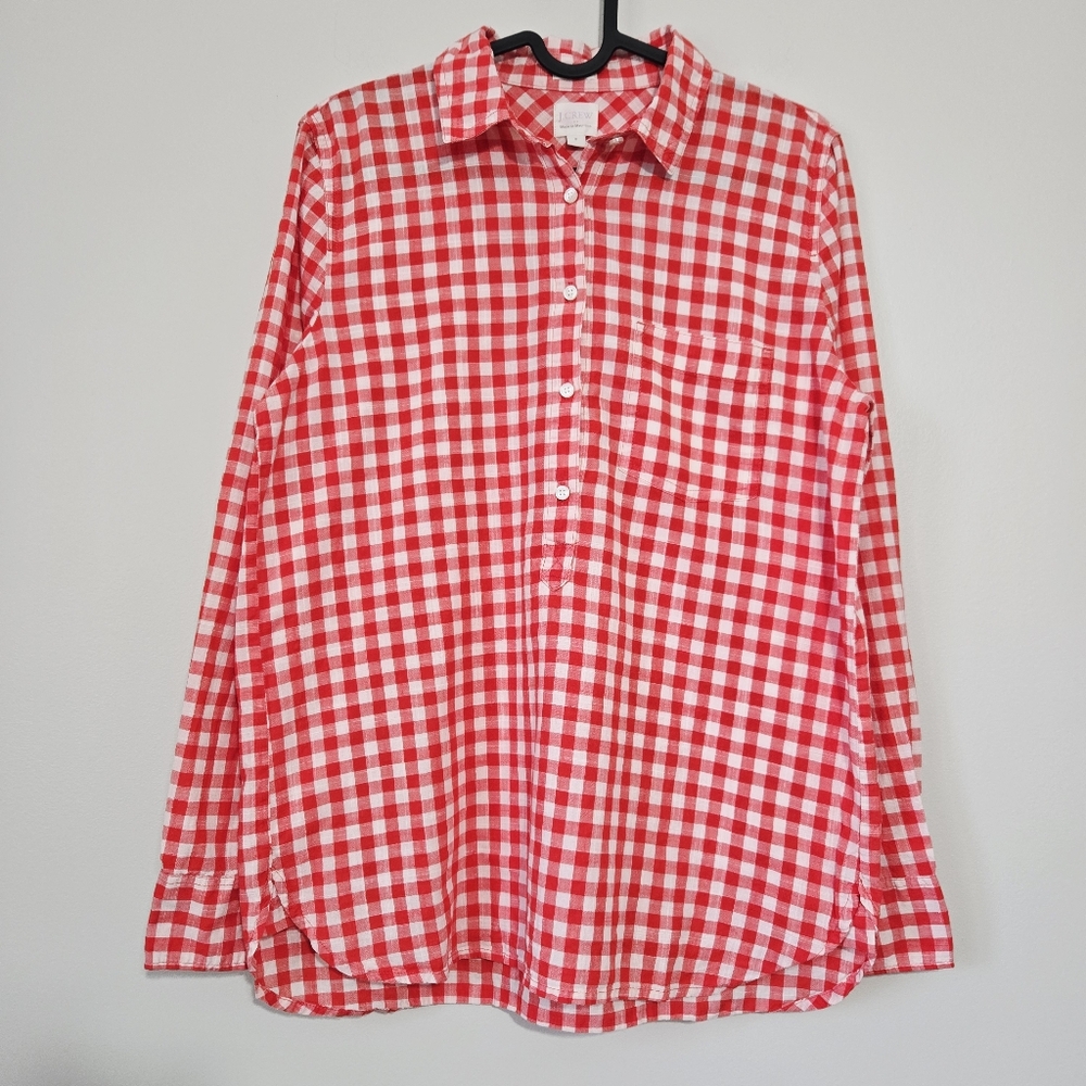 J.Crew Women’s Red Gingham 1/2 Button Down Boy fit Shirt Size S Long Sleeve